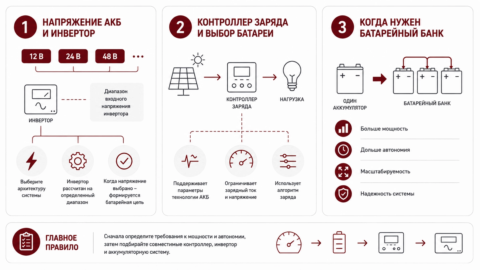 Схема согласования аккумуляторной системы 12, 24 и 48 В с контроллером заряда, инвертором и батарейным банком. 