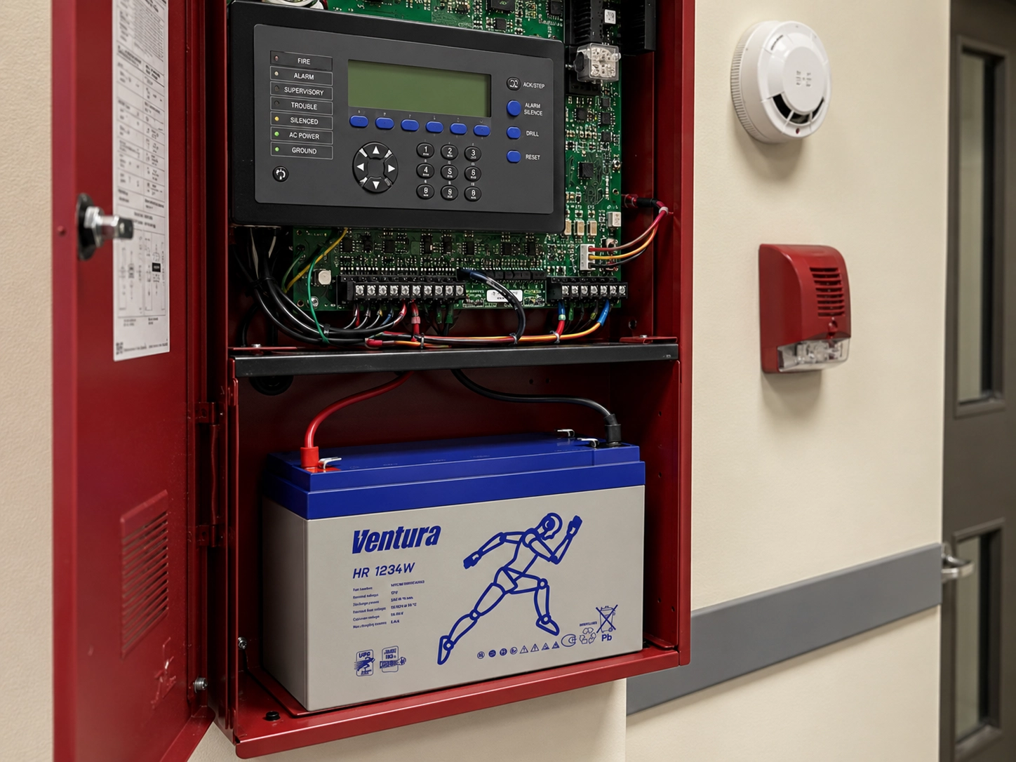 Аккумулятор Ventura HR 1234W, установленный в шкафу системы пожарной сигнализации.